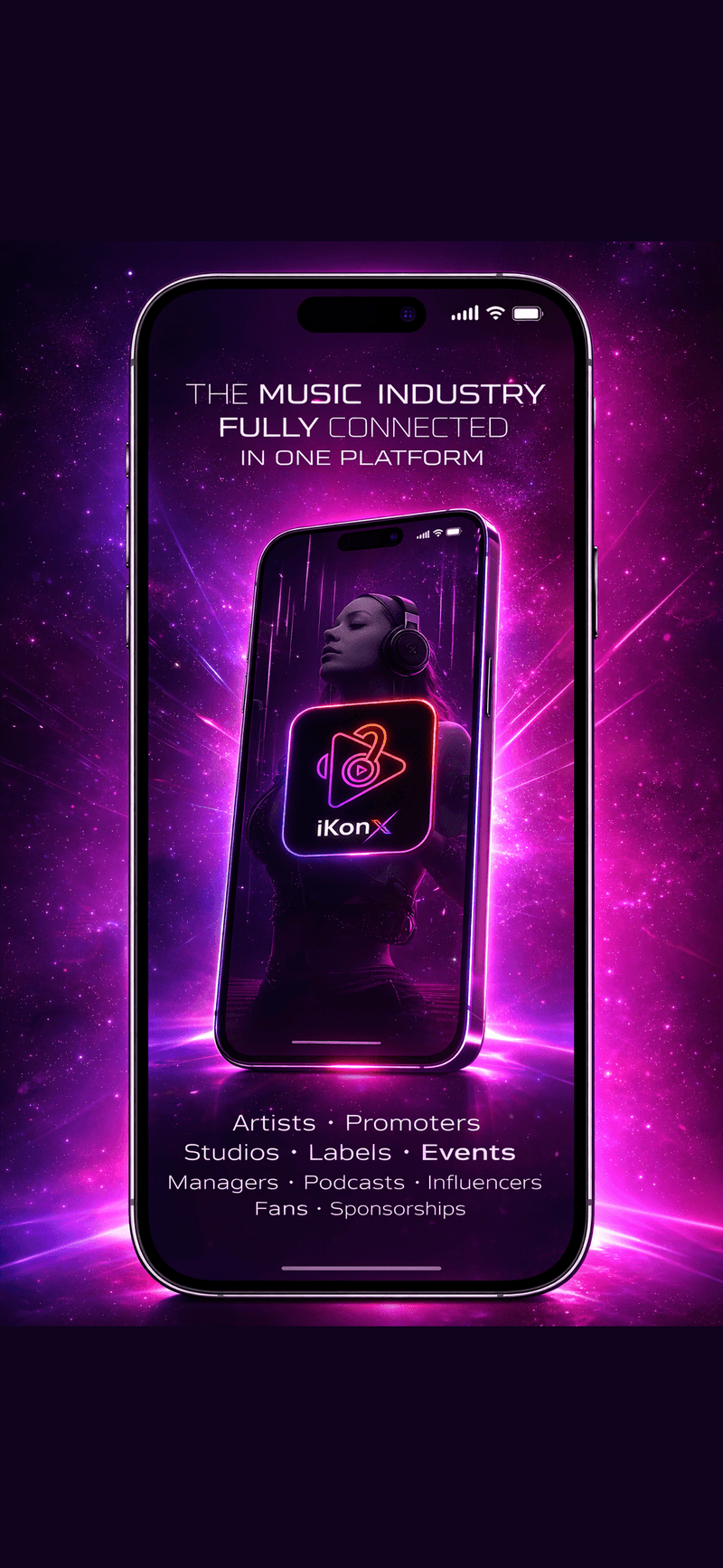 The iKonX app on an iPhone showing the artist discovery screen · where music meets business with 0% platform commission