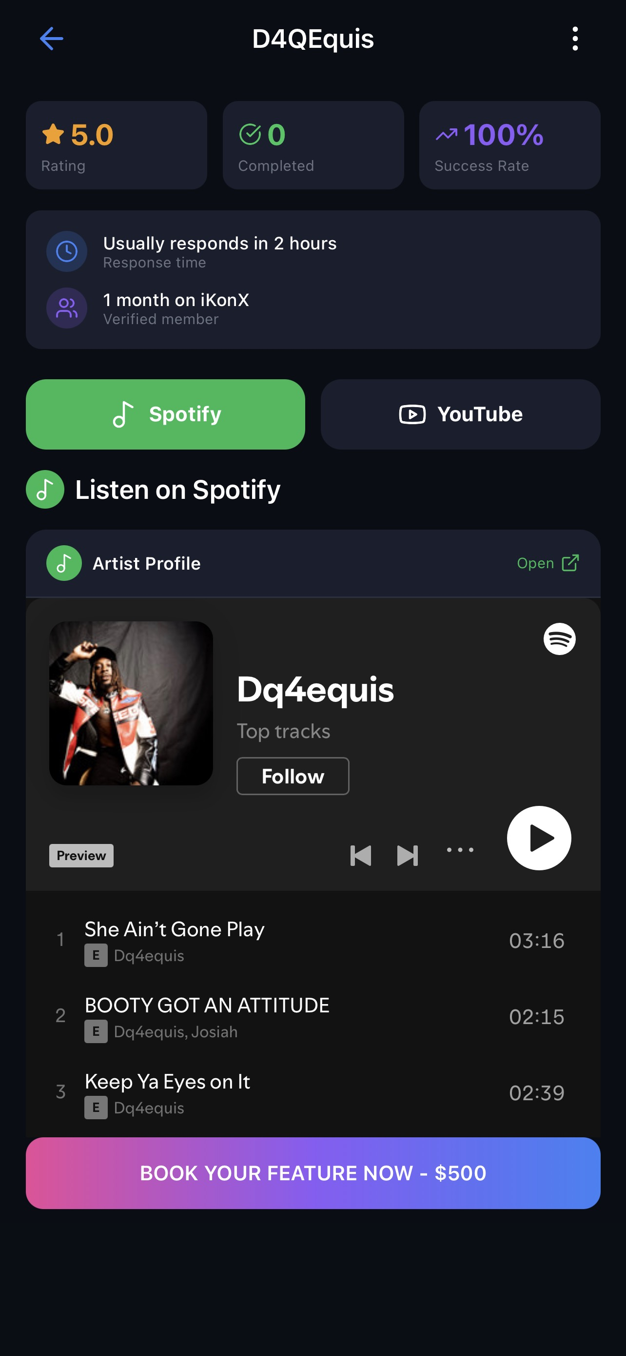 iKonX artist Spotify integration