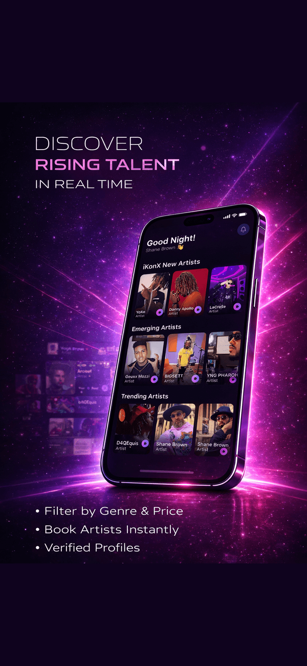 iKonX discover screen showing artist profiles